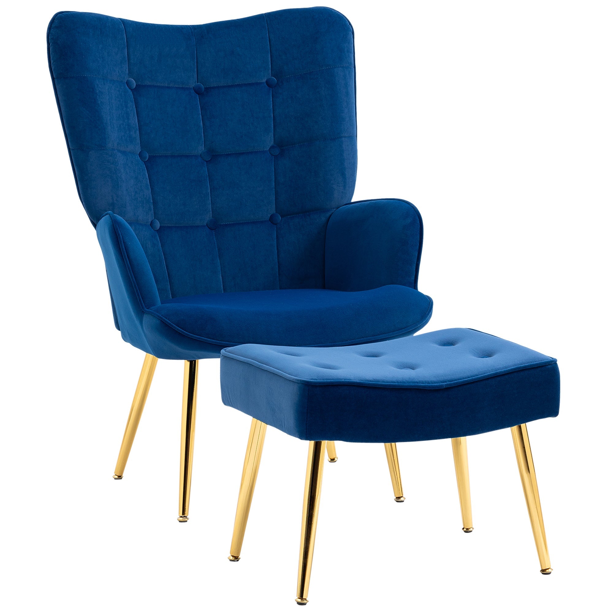 HOMCOM Chic Seating Ensemble: Dark Blue Upholstered Armchair with Ottoman, Gold Metal Legs for Bedroom, Living Room 