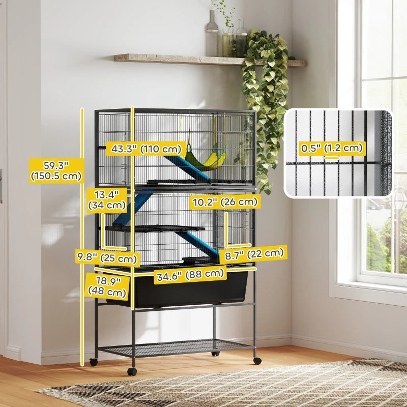 59" 5-Level Small Animal Cage, Rolling Ferret Cage with 6.3" Deep Tray, Non-Slip Cloth Covered Ramps, Hammock, Dark Grey