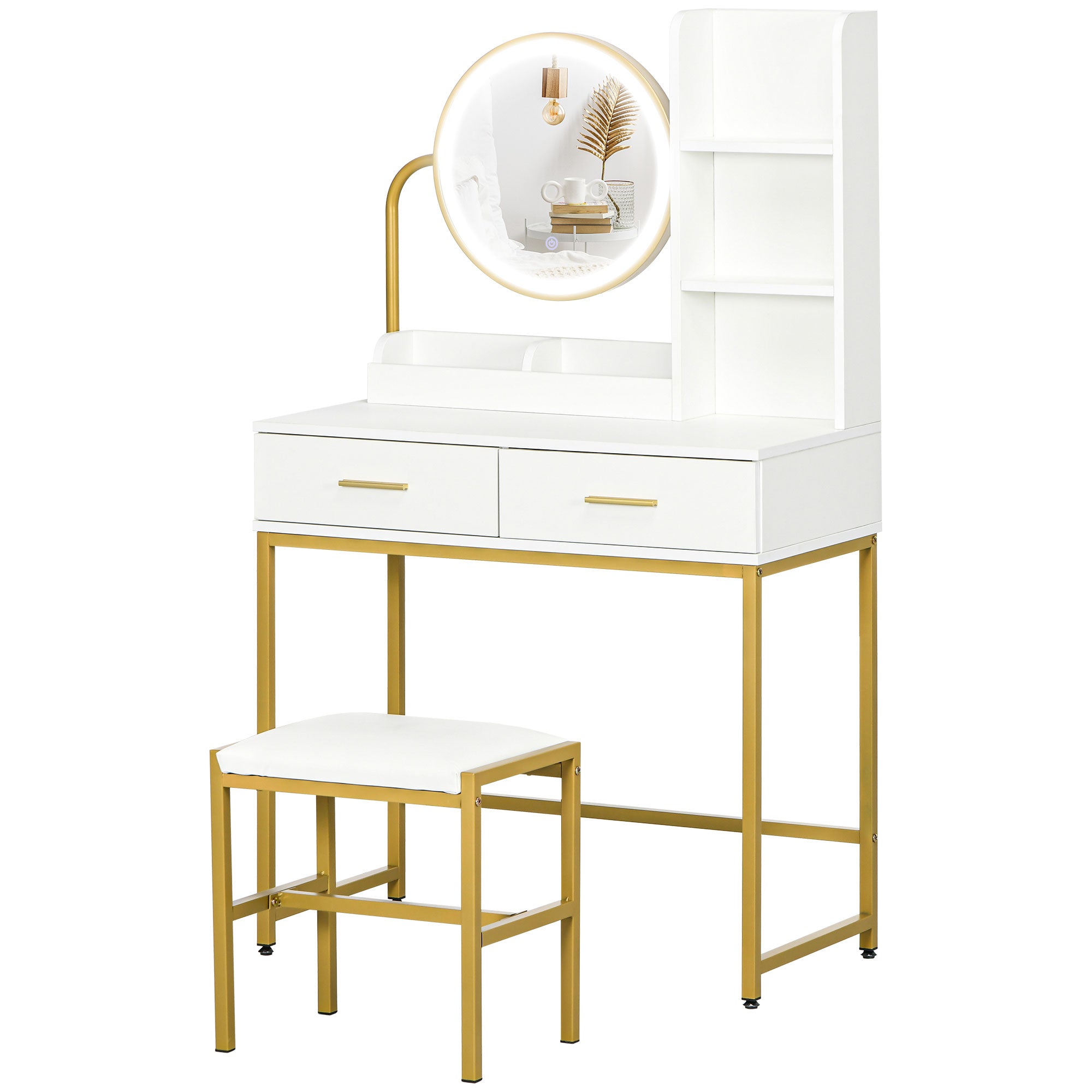 HOMCOM Makeup Vanity Desk Set with Mirror, Stool, LED Lights, Drawers, Shelves, Dressing Table for Bedroom, White 