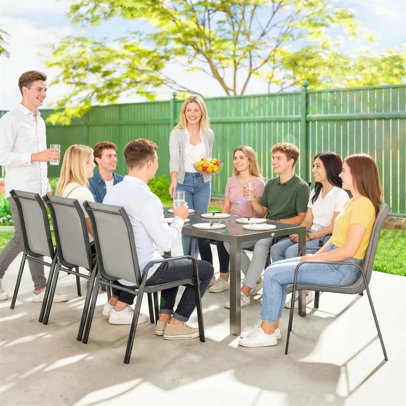 9 Pieces Patio Set with Stackable Chairs, Patio Dining Set with Glass Top for Garden, Patio, Backyard, Light Grey