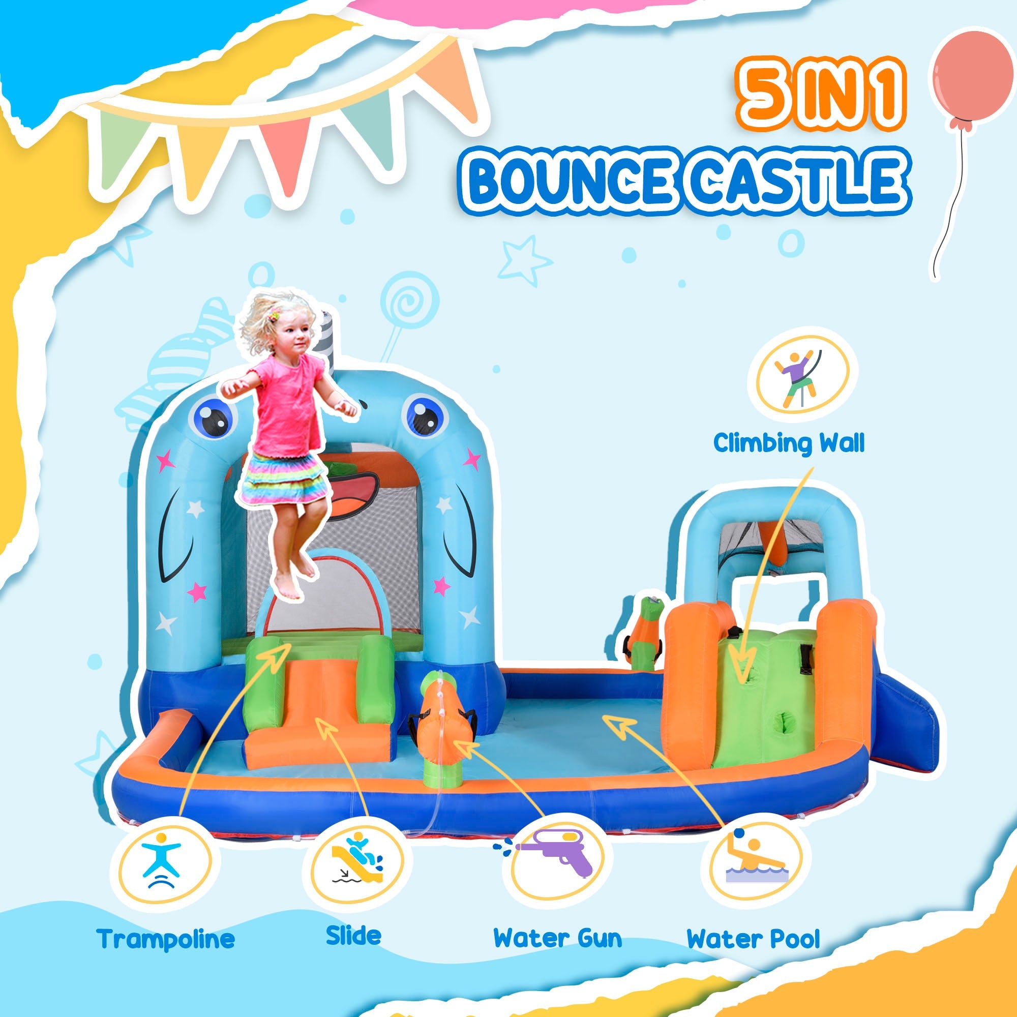 Outsunny Narwhals Style 5-in-1 Inflatable Water Slide Kids Bounce House with Trampoline Climbing Wall Slide Carry Bag 