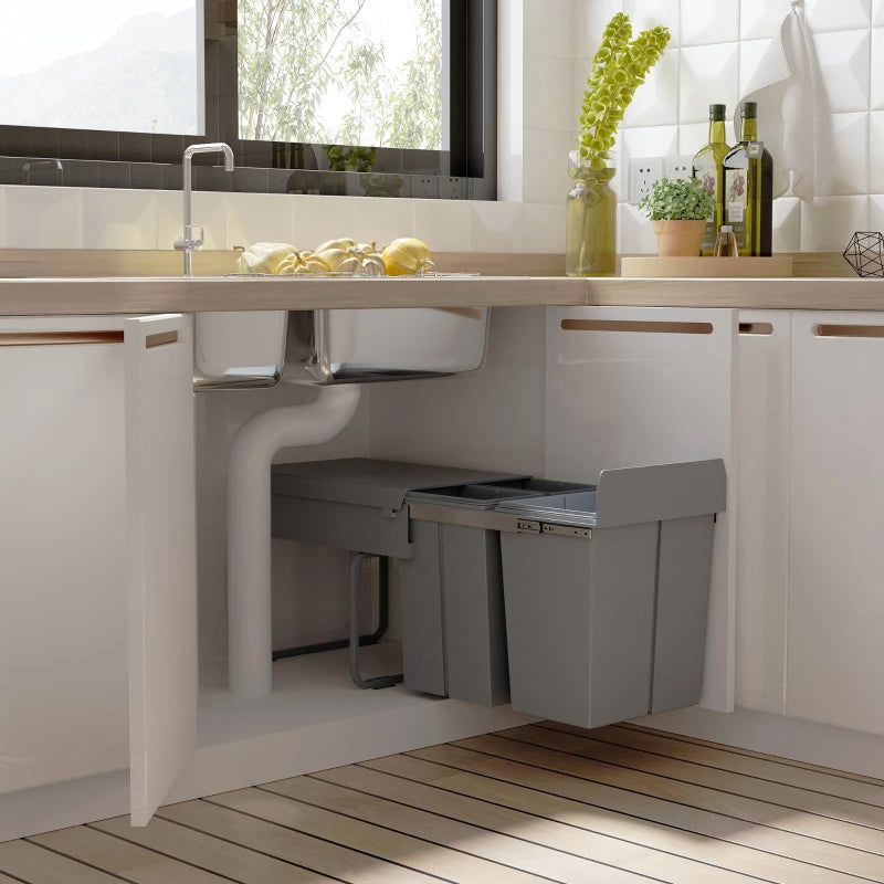 Pull Out Trash Can Under Cabinet, 10.6 Gallon (40L) Slide Out Garbage Can with 3 Removable Compartments, Grey