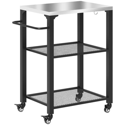 Outsunny 3-Shelf Outdoor Grill Cart Table with Stainless Steel Top, Hooks, Pizza Oven Stand on Wheels 