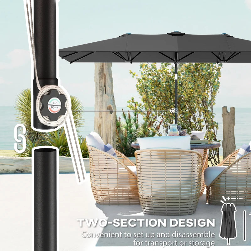 Double-Sided Patio Umbrella Parasol with Tilt, Adjustable Height, Vents and 12 Ribs, for Garden, Deck, Grey