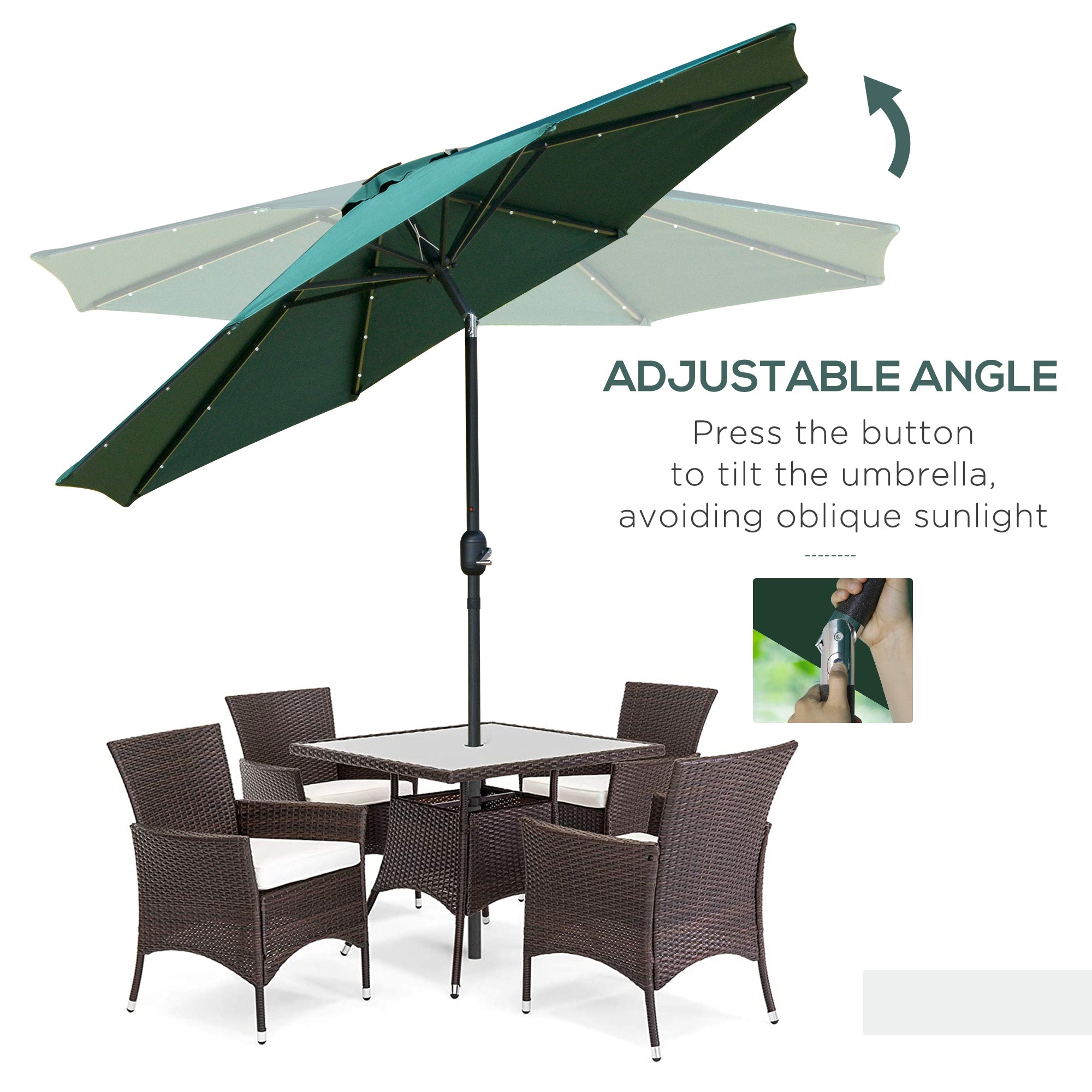 Outsunny 9ft Solar LED Patio Umbrella: Green Crank Tilt Sunshade for Garden, Beach & Outdoor Use 