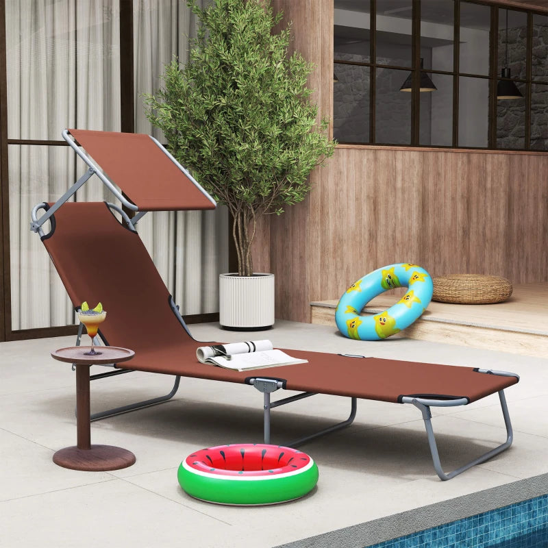 Outdoor Lounge Chair, Adjustable Folding Chaise Lounge,  Tanning Chair with Sun Shade for Beach, Camping, Hiking, Backyard, Brown