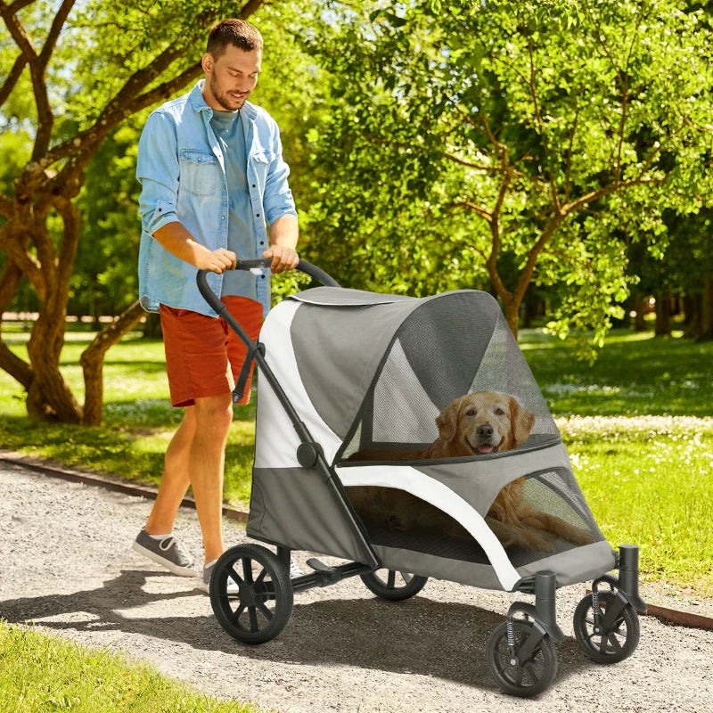 Foldable Pet Stroller for Large Dogs with Four Big Wheels, Shock-Absorbing Frame, Safety Leashes, Brakes, Dark Grey