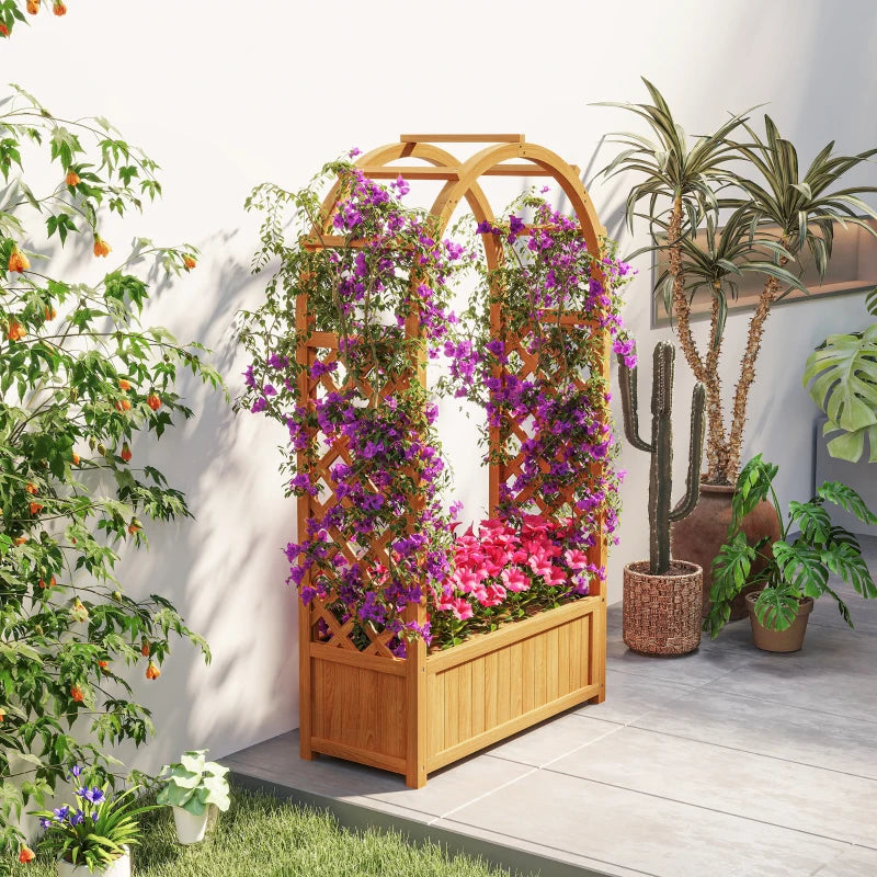 Wooden Raised Garden Bed with Arch Trellis, 33" x 14" x 57" Raised Planter Box with Drainage Holes, Trellis Planter for Vine Climbing Plants