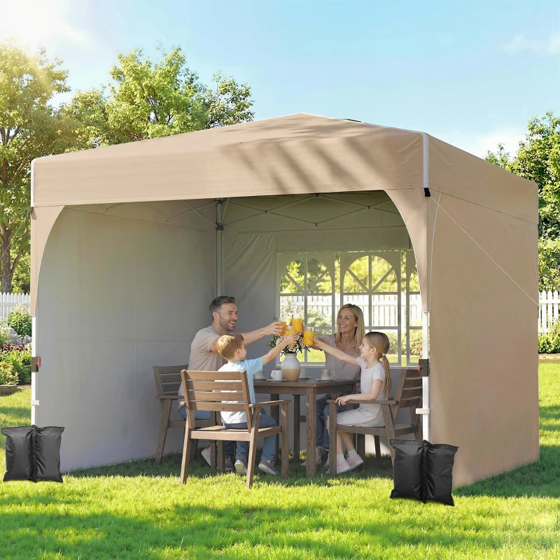 9.6 x 9.6 ft Pop Up Canopy Tent with 3 Sidewalls, UPF 50+ 1-Button Push Easy Setup Outdoor Instant Canopy, Khaki
