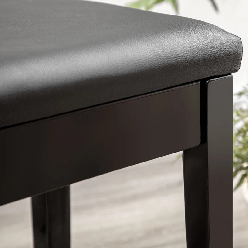 Classic Piano Bench Stool, PU Leather Padded Keyboard Seat with Rubber Wood Legs and Music Storage Compartment, Smooth Seat, Black