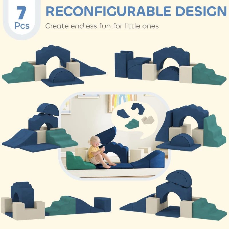 Qaba 7-Piece Baby Soft Play Set, Indoor Soft Play Gym Activity Play Set for Crawling, Sliding and Playing, Navy Blue