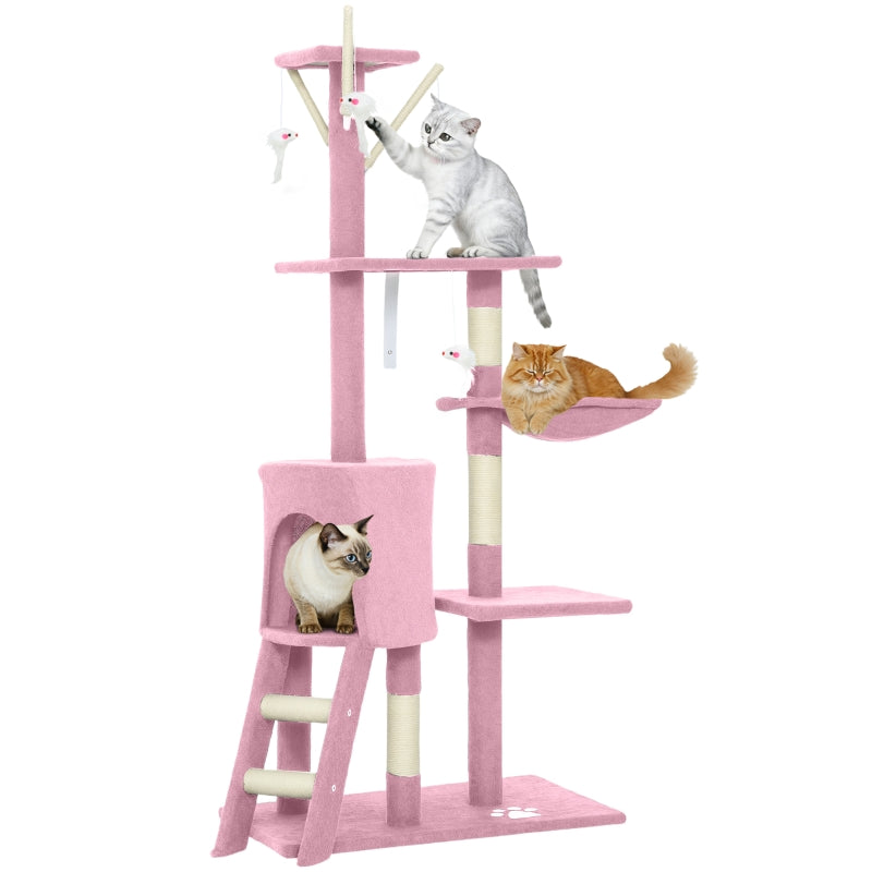 53" Cat Tree Tower, Kitten Activity Centre with Scratching Posts, Condo, Perches, Ladder, Hammock, Dangling Toys, Pink