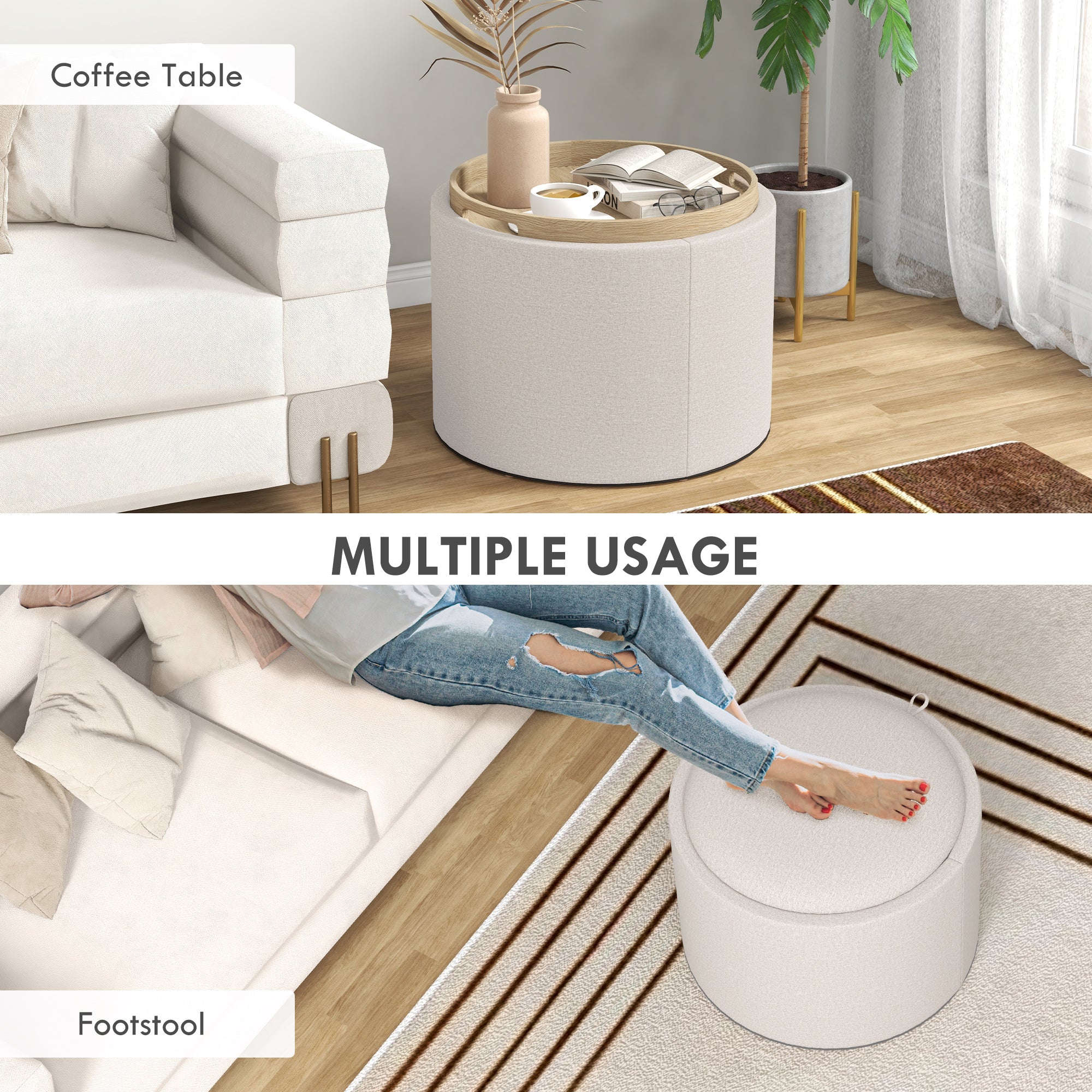 HOMCOM Unique 22" Round Coffee Table Cream White with Storage Removable Tray Non-slip Footpads for Living Room 
