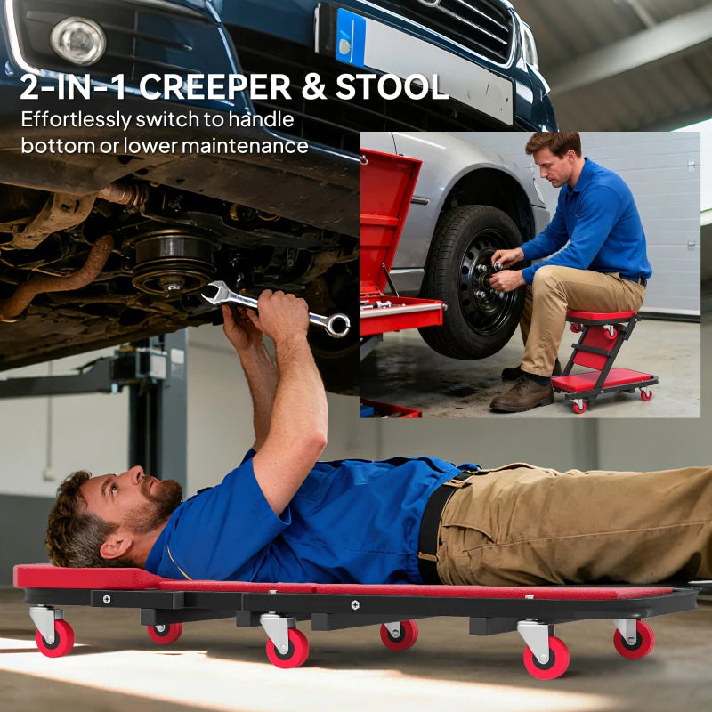 Automotive Z Creeper Seat, 2-in-1 330 lbs Rolling Garage Mechanic Creeper & Stool with Pad, 6 Wheels, Red