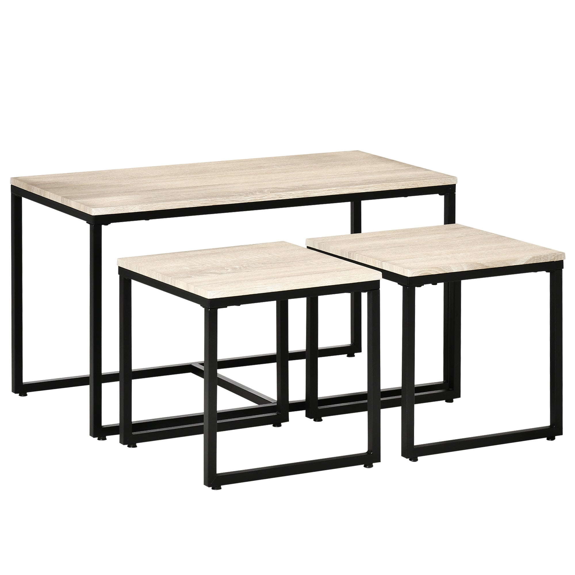 Homcom Natural Nesting Coffee Tables: Contemporary Set of 3 with Black Metal Frame for Stylish Living Room 