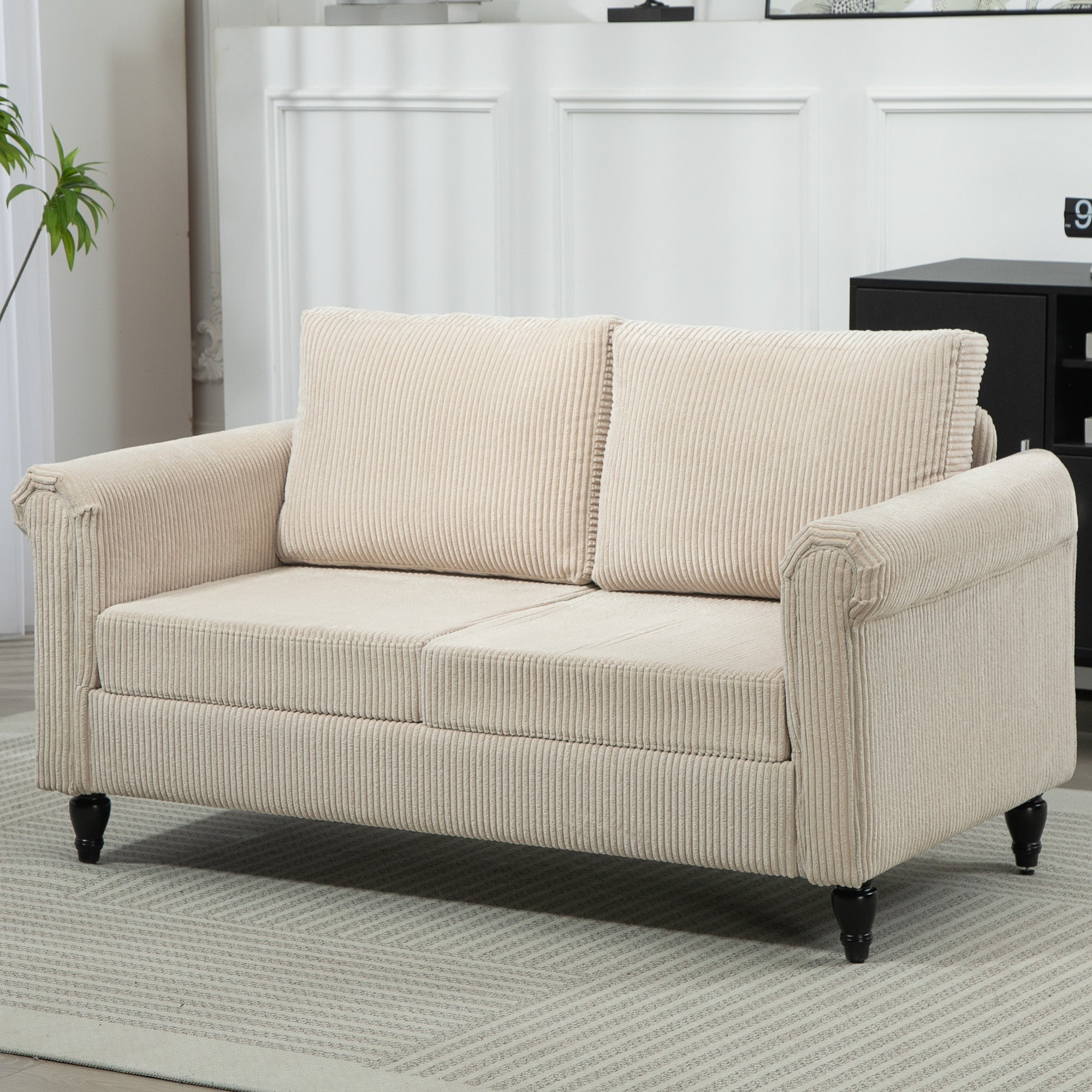 HOMCOM Vintage Loveseat, Upholstered Love Seat Furniture, Fabric 2 Seater Sofa with Rolled Arms, Rubber Wood Legs, Beige 