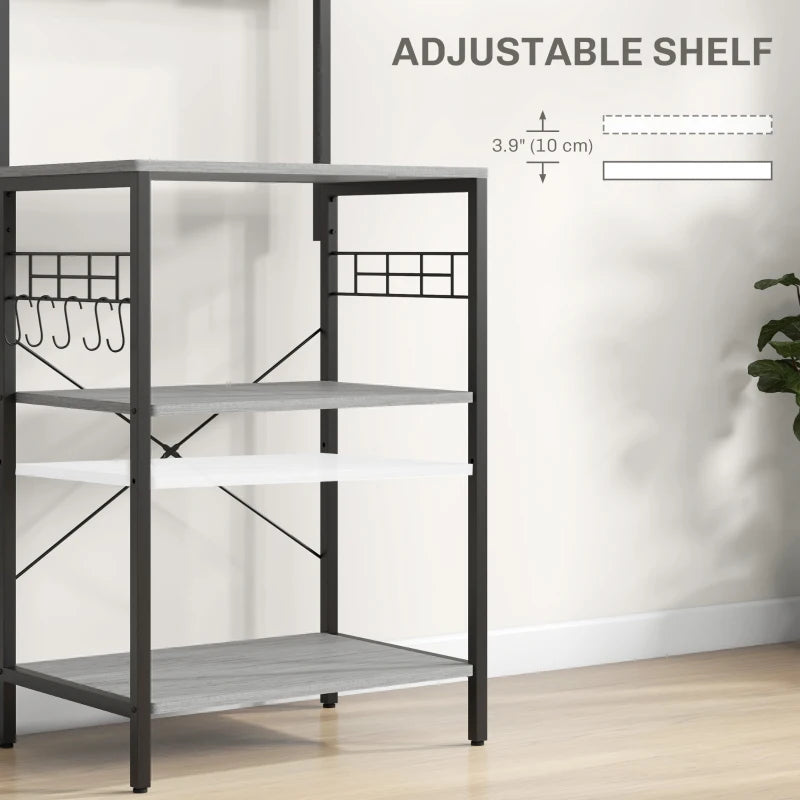 Kitchen Baker's Rack with Power Outlet, Coffee Bar Station with Adjustable Shelves and Hooks, Distressed Grey