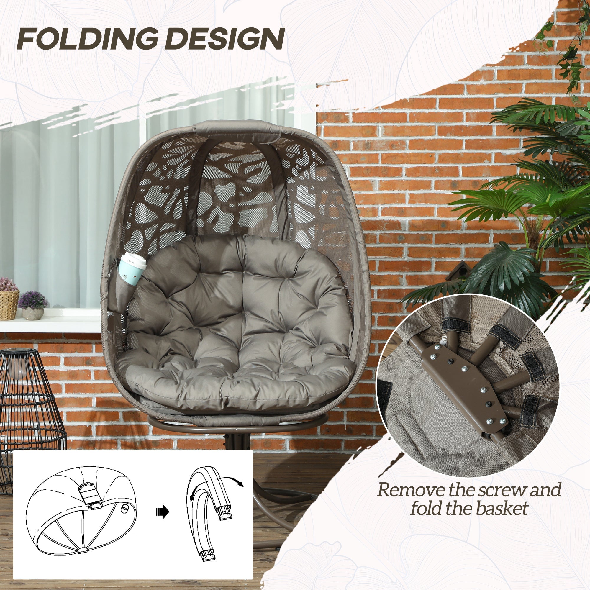 Outsunny Swivel Egg Chair Outdoor, Lounge Chair with Cushions and Foldable Basket Seat for Backyard, Garden and Living Room 