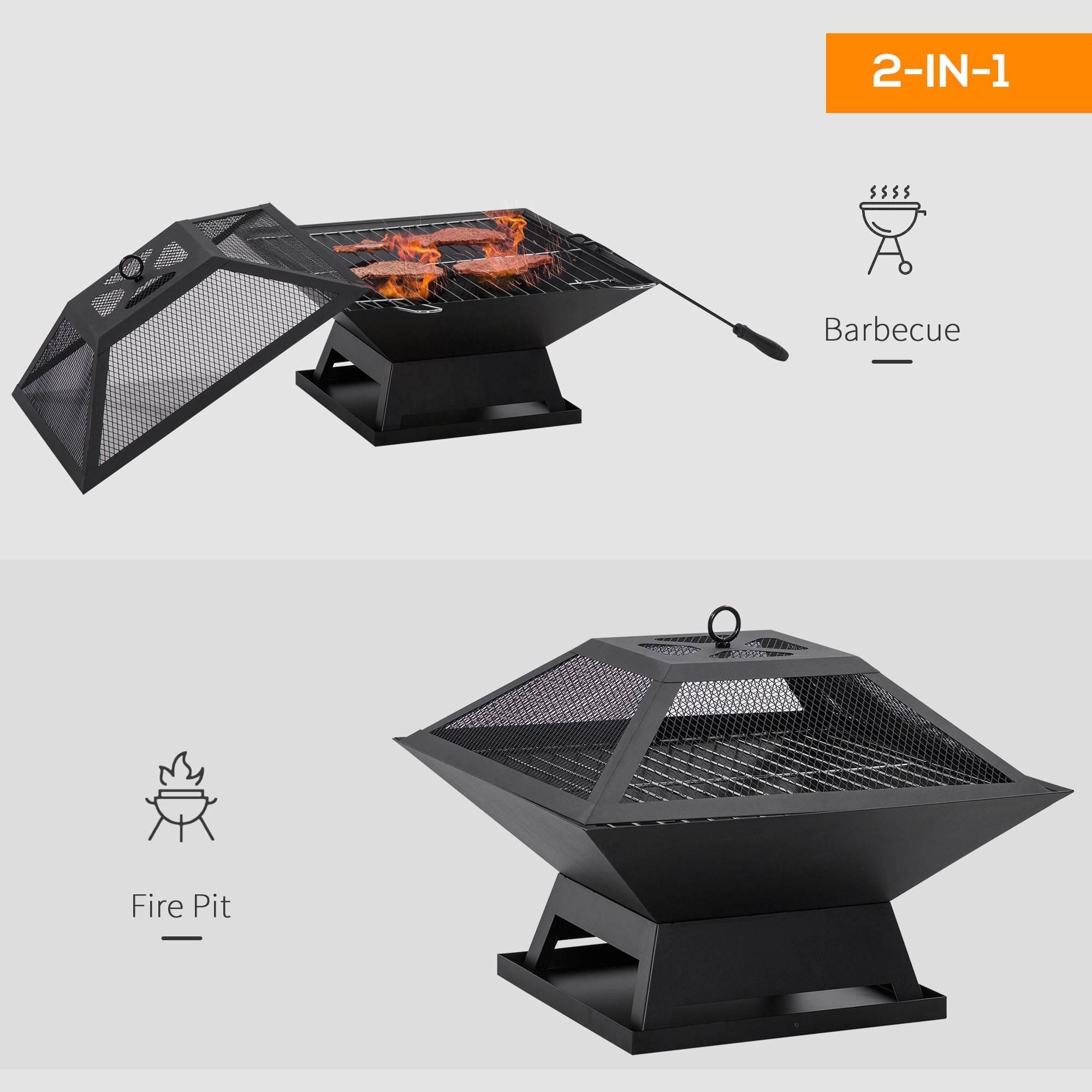 Outsunny Campfire Companion: 17.7"x17.7"x13.4" Portable Wood Burning BBQ Grill Fire Pit with Spark Screen, Poker, Camping, Black 