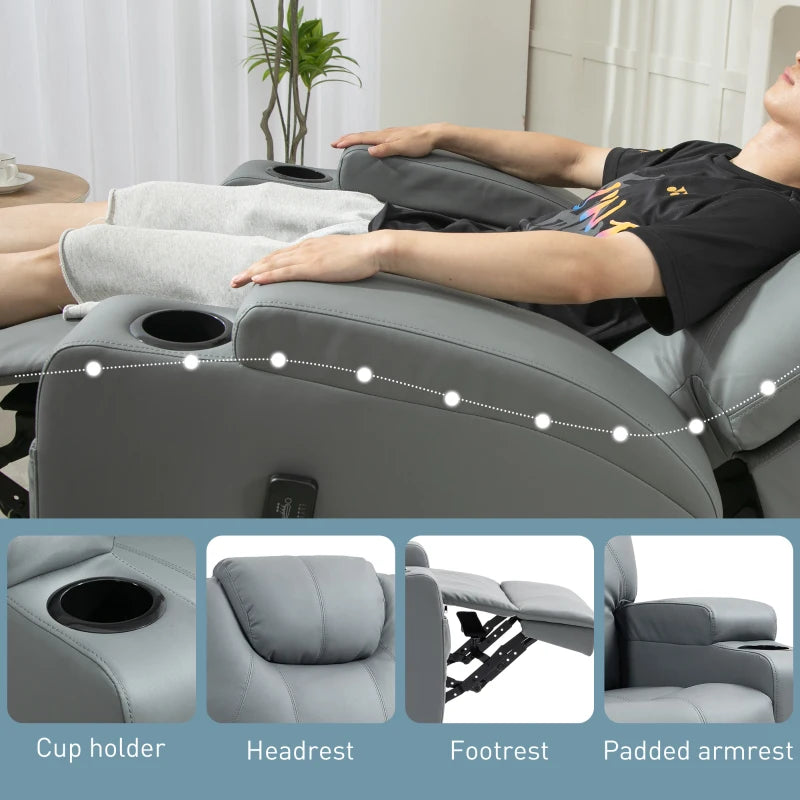 Massage Recliner Chair Leather Swivel Rocker Manual Reclining Chair with 8 Vibration Points, Cup Holders, Light Grey