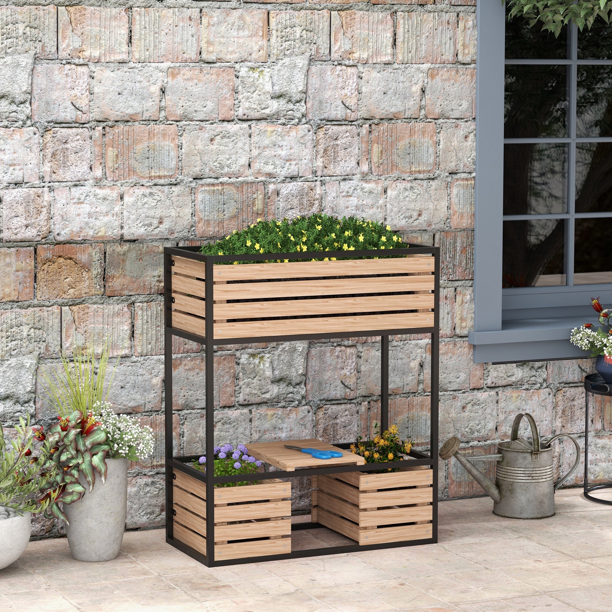 Outsunny Wooden Garden Bed Elegance: Elevated Planter Box with Shelf for Flowers, Vegetables, Herbs, Light Brown 