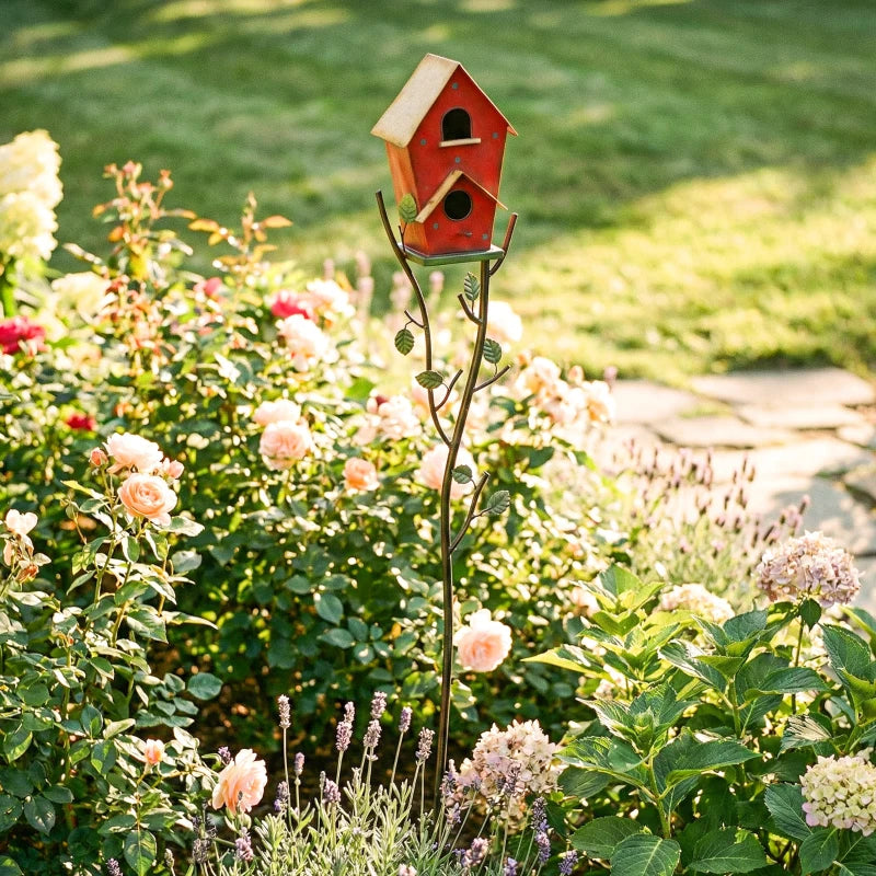 57" Outdoor Bird House with Pole, Metal Bird Houses for Outside, Double-Hole Birdhouse Outdoor Decoration, Red