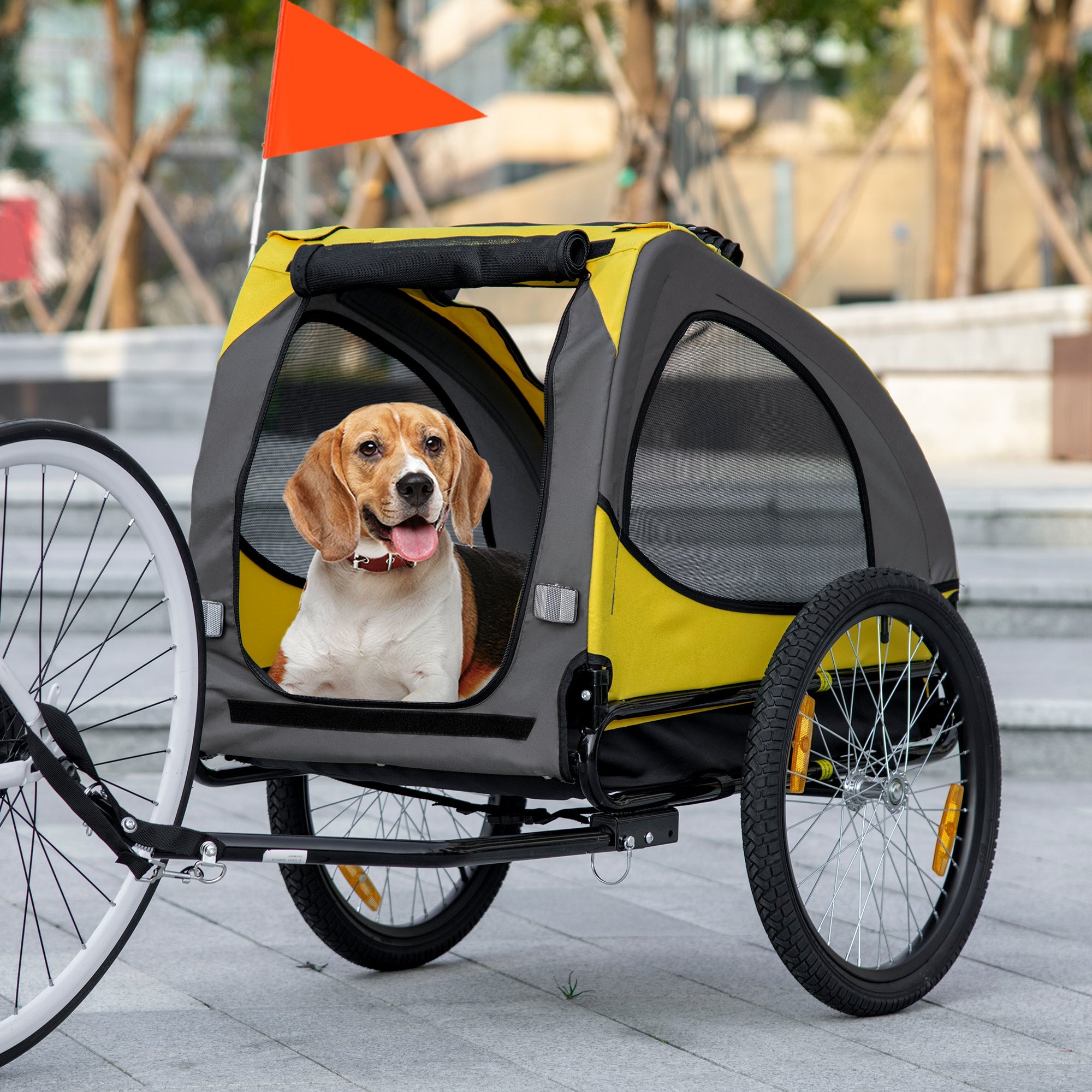 Aosom Medium Dog Bike Trailer with Hitch Coupler Quick Release Wheels Reflectors Flag Yellow 