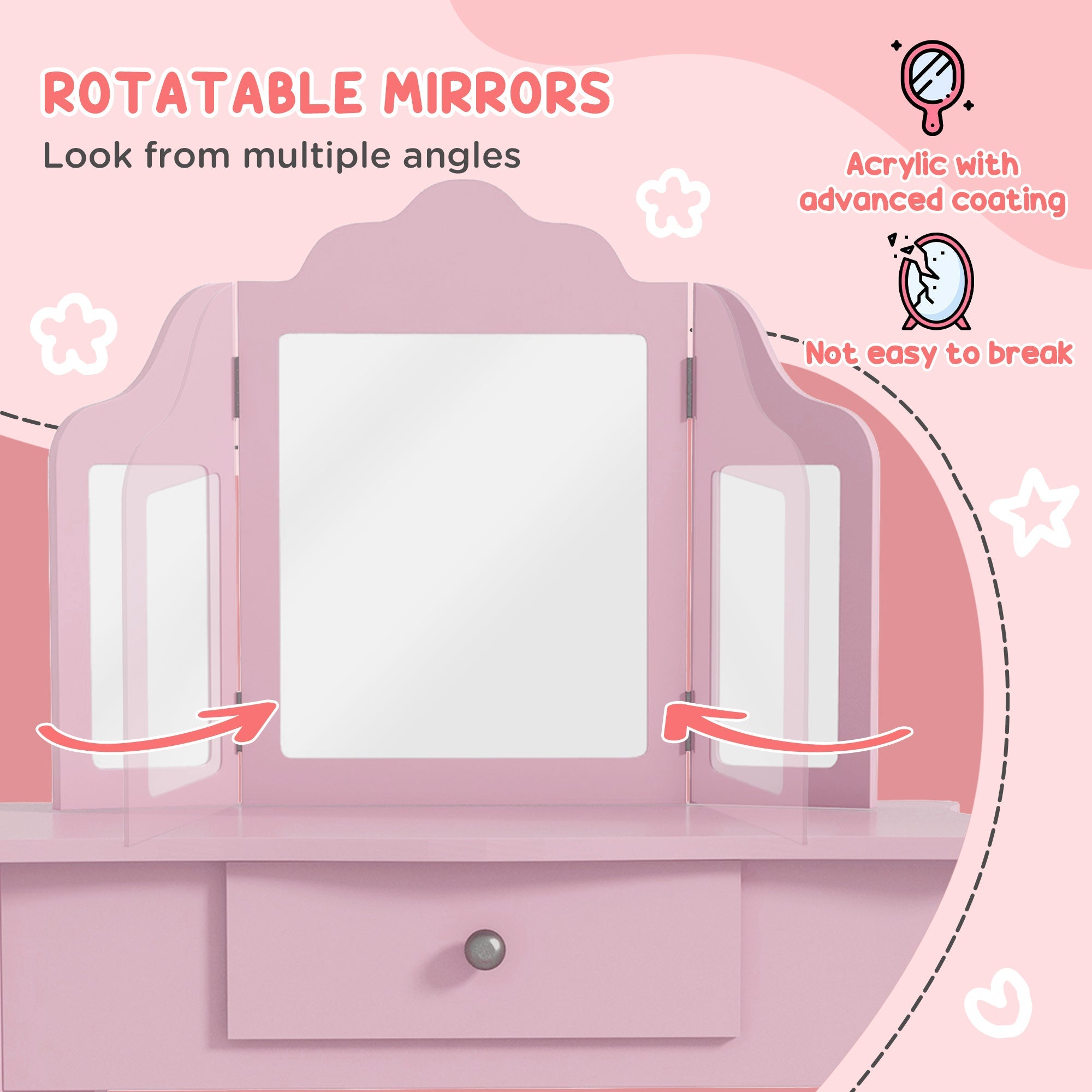 Qaba Star Heart Vanity Table: Tri-Fold Mirror, Drawer, Makeup Desk & Stool for Girls, Pink 
