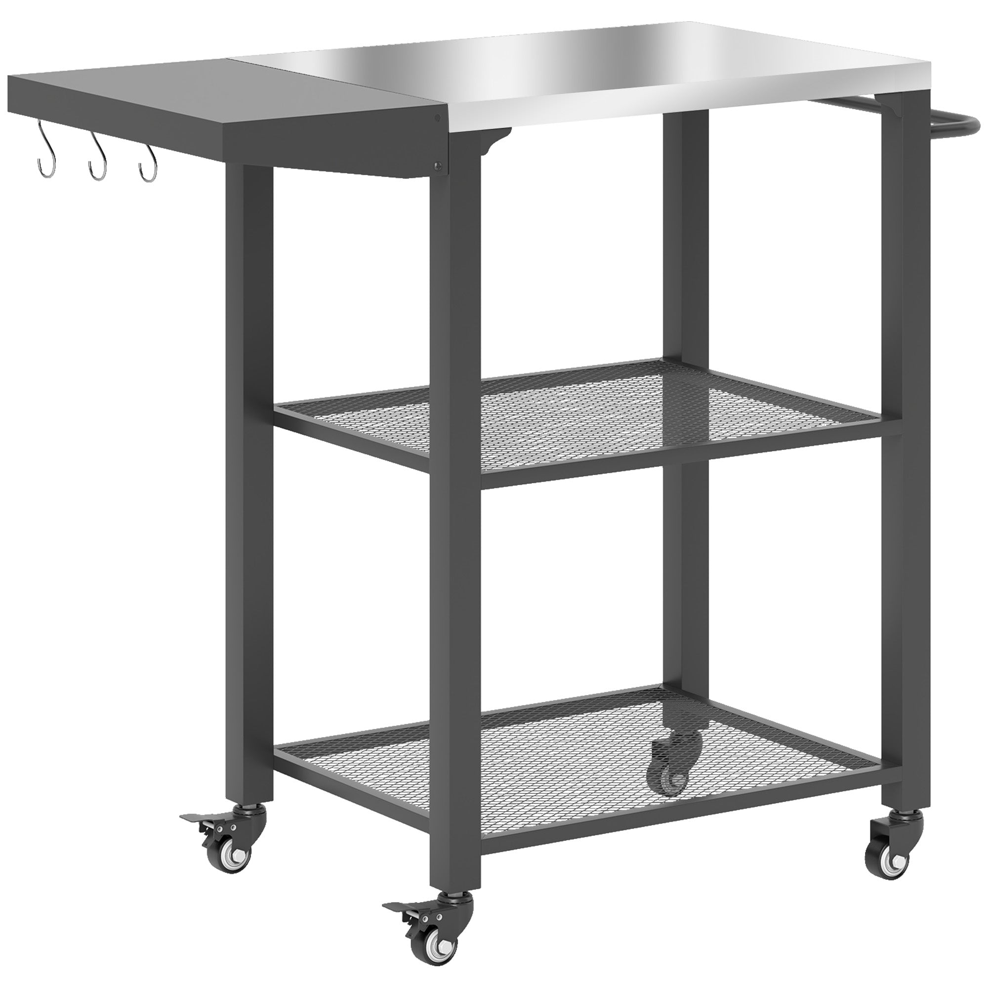 Outsunny Outdoor Grill Cart w/ Foldable Side Table, 3-Tier Pizza Oven Stand w/ Stainless Steel Tabletop, Hooks, Wheels 