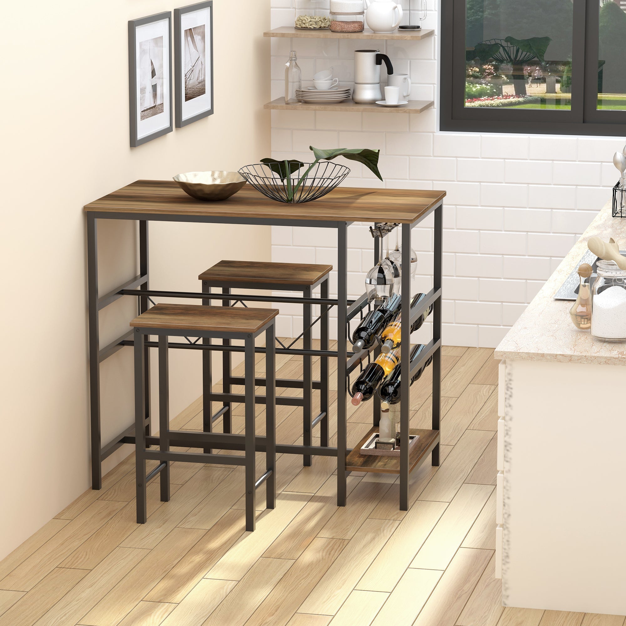 HOMCOM 3 Piece Dining Set Table Chairs Bar Bistro 8-Bottle Wine Rack Cup Holder Metal Frame 
