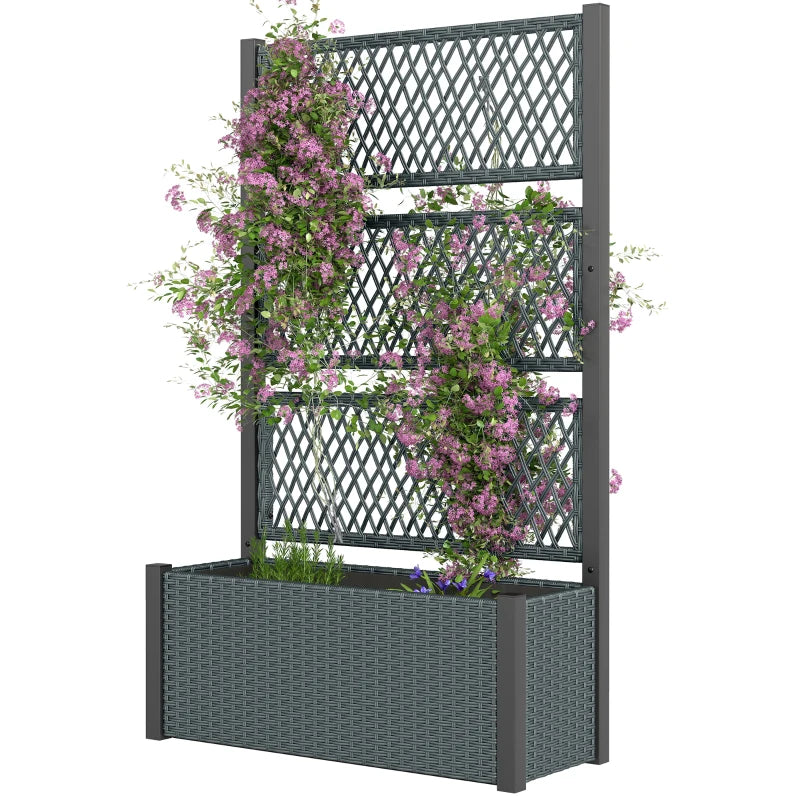 Wicker Outdoor Planter with Trellis, 58" Standing Garden Bed with Liner, Drainage Holes for Climbing Plants, Dark Grey