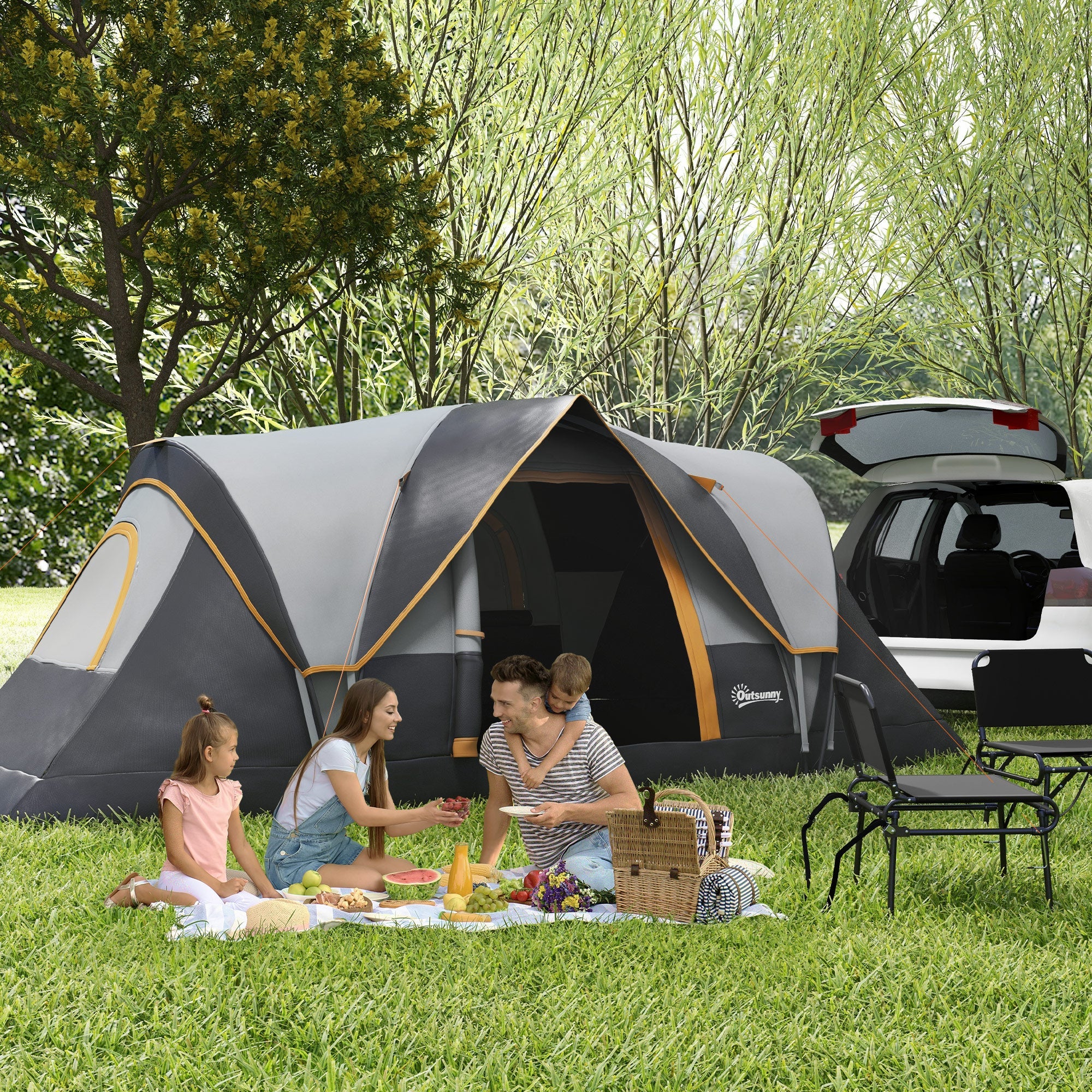 Outsunny Family Camping Tent for 5-6 Person with Lighting Hook & Carrying Bag in Cream 