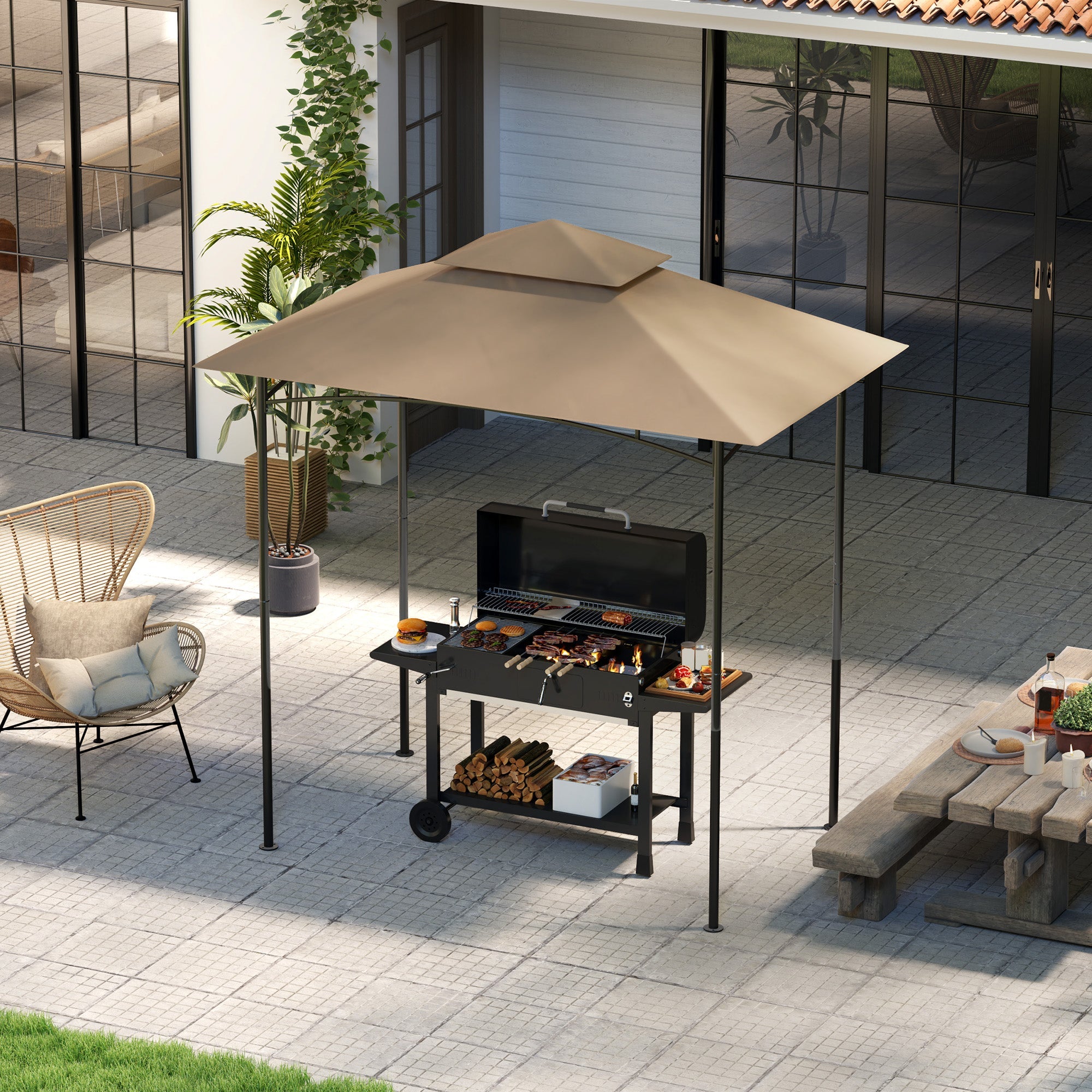 Outsunny BBQ Gazebo Canopy Replacement Roof, 5' x 8' Grill Gazebo Roof with UPF50+ Double Tiered Top Cover, Khaki 