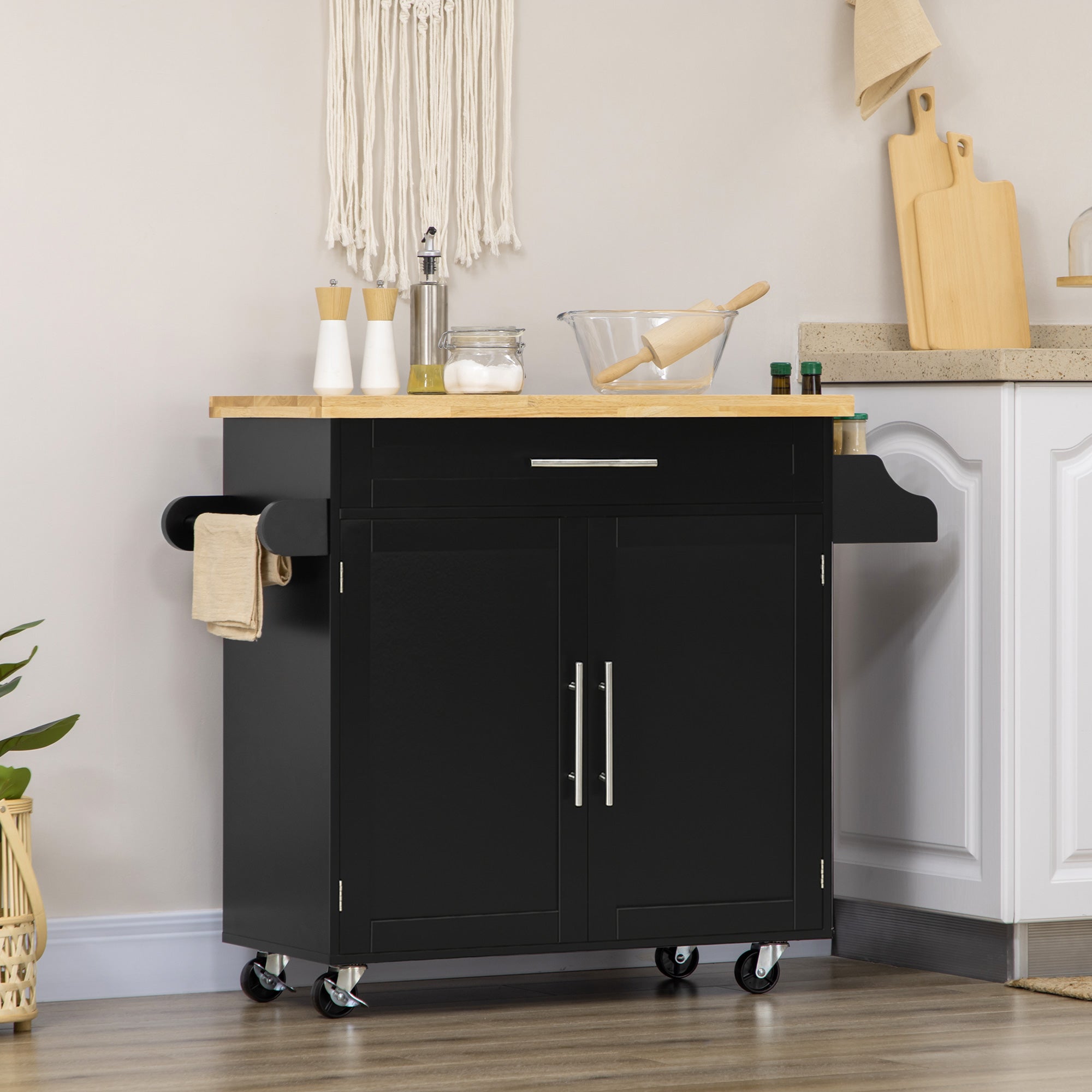 HOMCOM Kitchen Island with Storage, Rolling Cart Trolley with Rubberwood Top, Adjustable Shelf, Drawer, Spice Rack, Black 