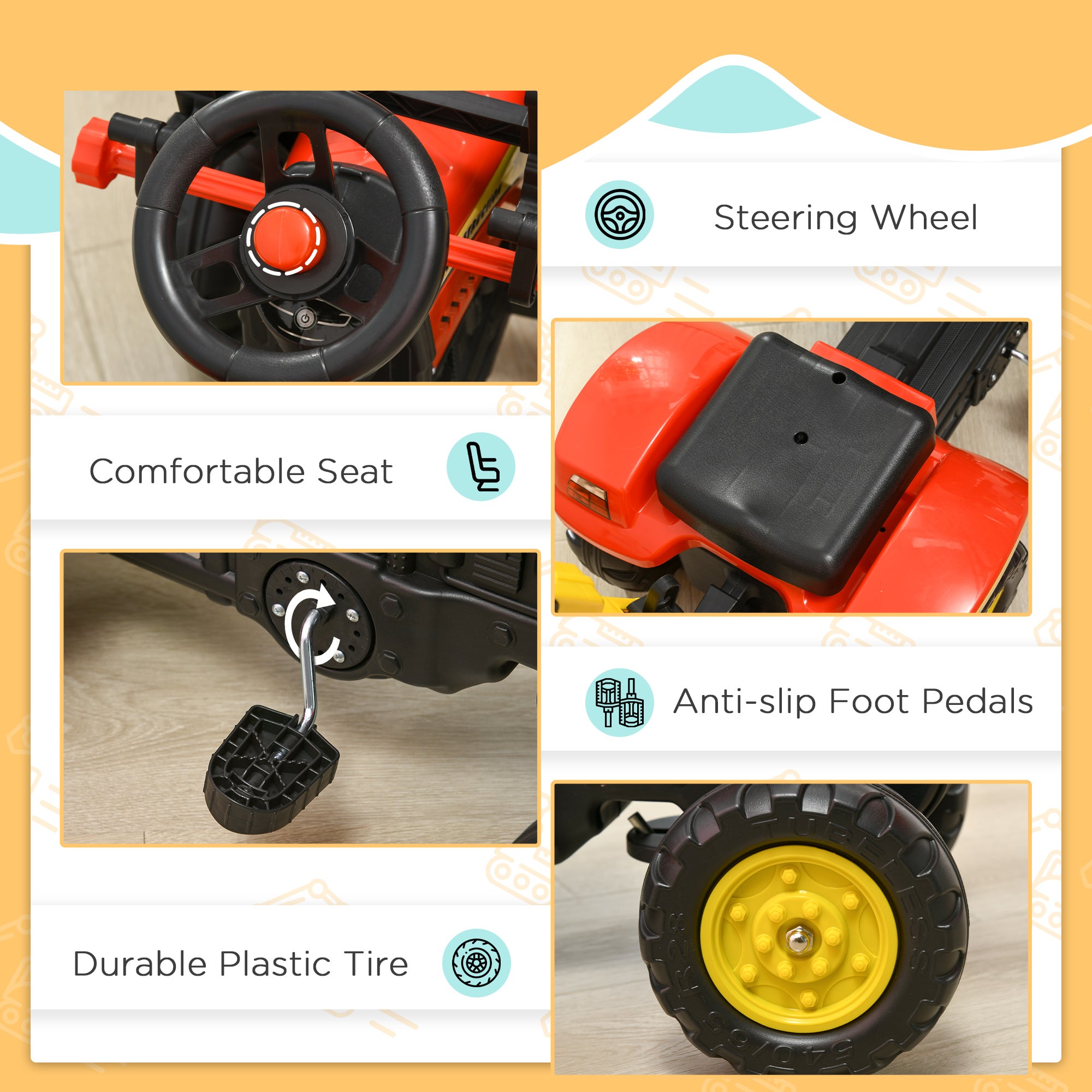 Aosom 3 in1 Kids Ride On Bulldozer/Excavator Toy with 6 Wheels, Controllable Cargo Trailer & Easy Pedal Controls 