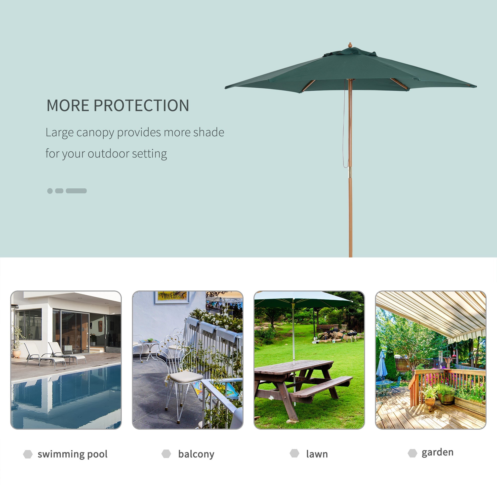 Outsunny Wood Patio Umbrella: 8FT Round Market Garden Parasol with Bamboo Ribs & Top Vent, Dark Green 