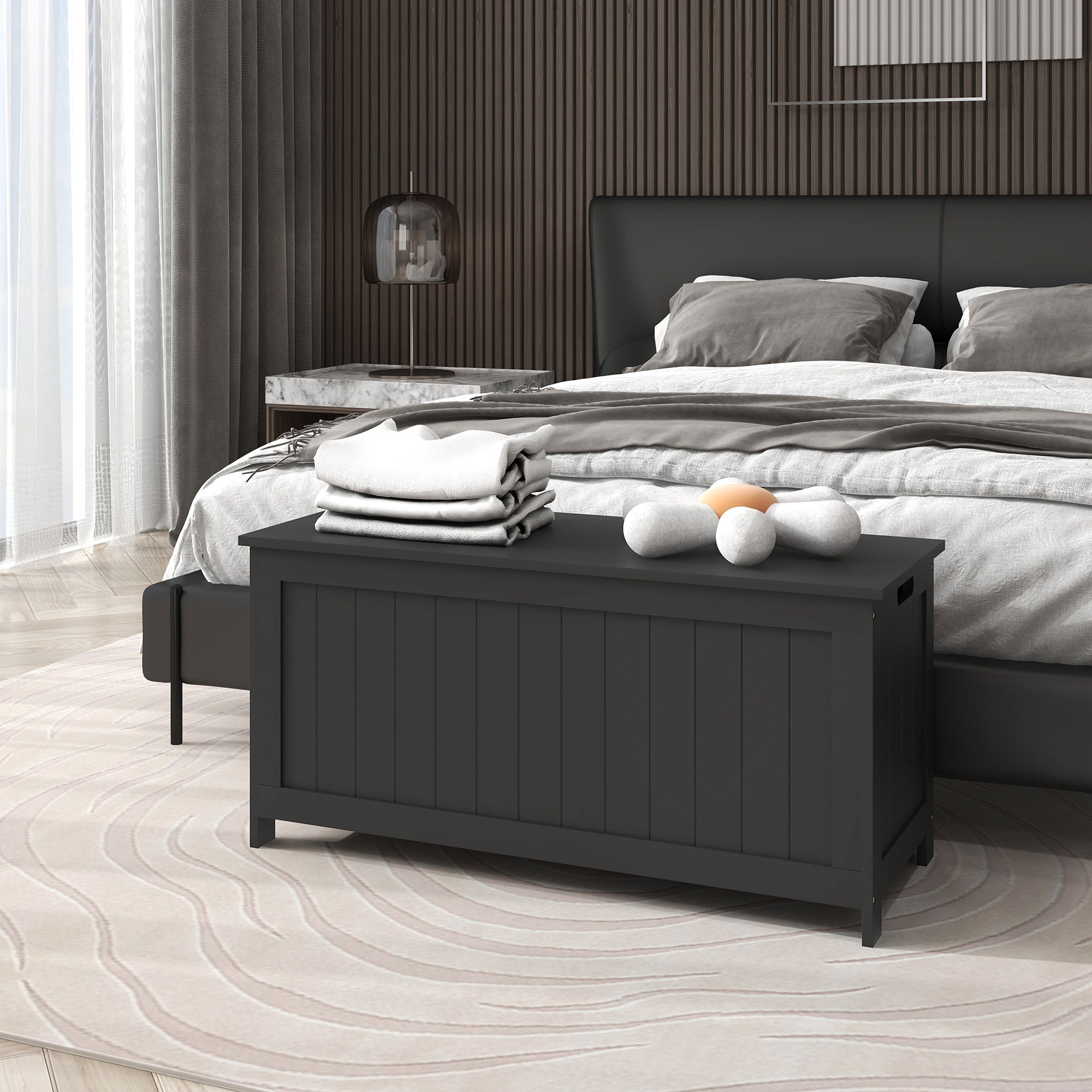 HOMCOM Modern Storage Chest Bench with Safety Hinges Entryway Toy Chest Black with Side Handles for Living Room Playroom 