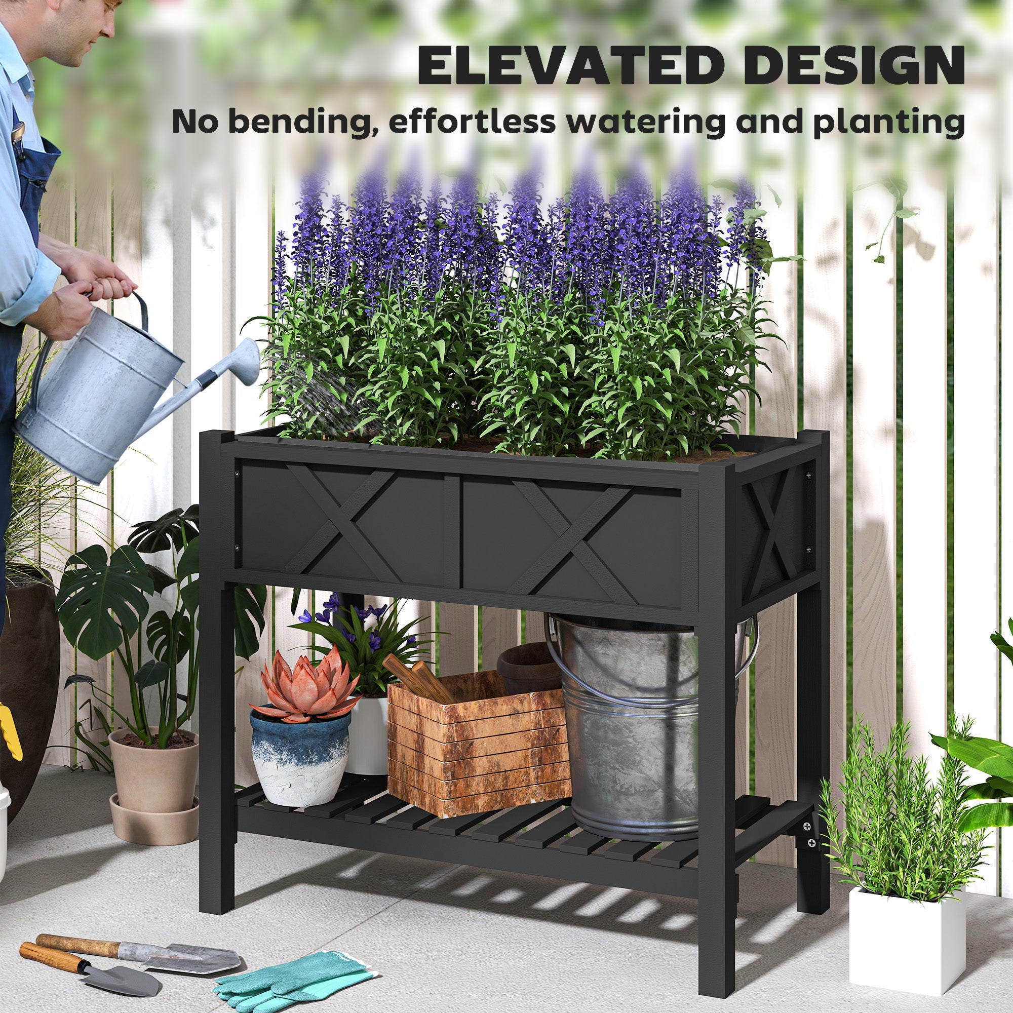 Outsunny Wooden Raised Garden Bed, Elevated Planter Box with Storage Shelf, Drainage Holes and Liner, 34" x 18" x 30", Black 
