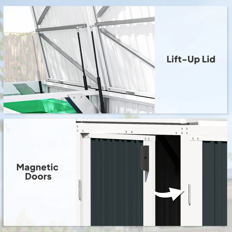 Outdoor Storage Shed Rustproof Garbage Bin Shed with Gas Struts Magnetic Doors for 3 Bins White and Grey