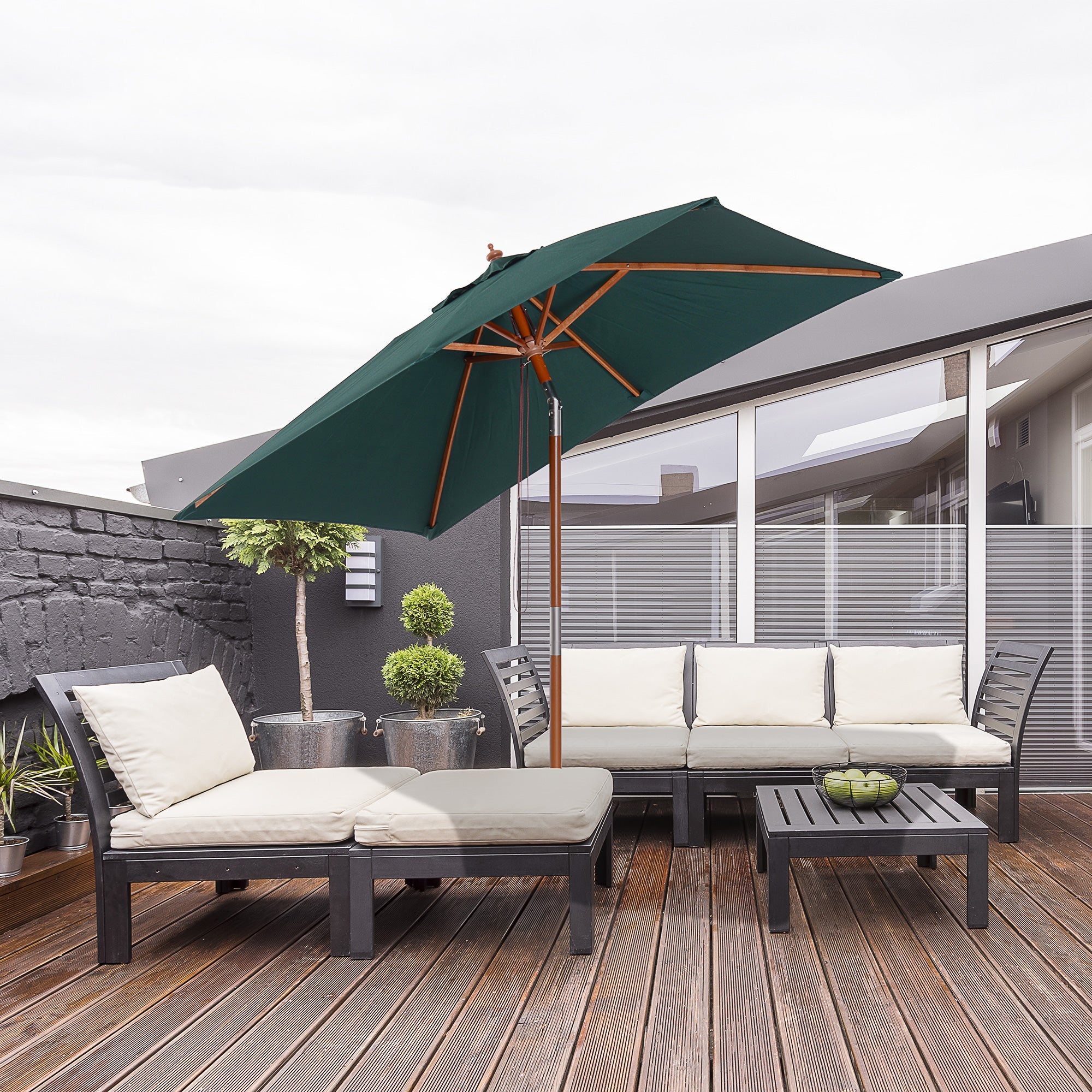 Outsunny Square Wooden Patio Umbrella: 6.6x5ft Tilt Mechanism with 6 Bamboo Ribs Sunshade, Green 