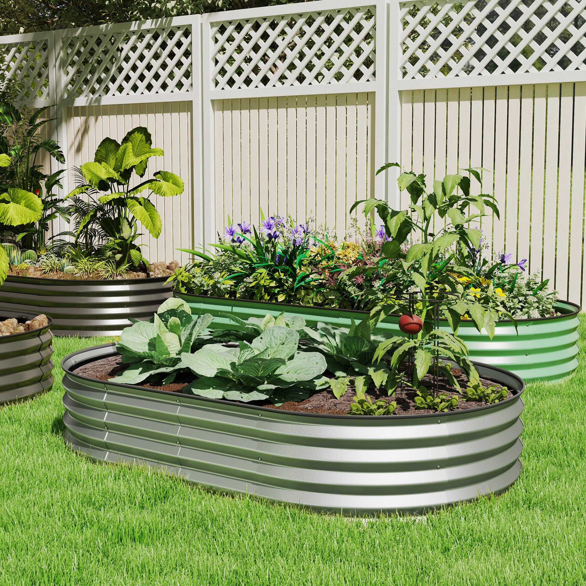 Outsunny 5' x 3' x 1' Large Outdoor Planter Box, Galvanized Raised Garden Bed with Metal Plant Stake, Silver 