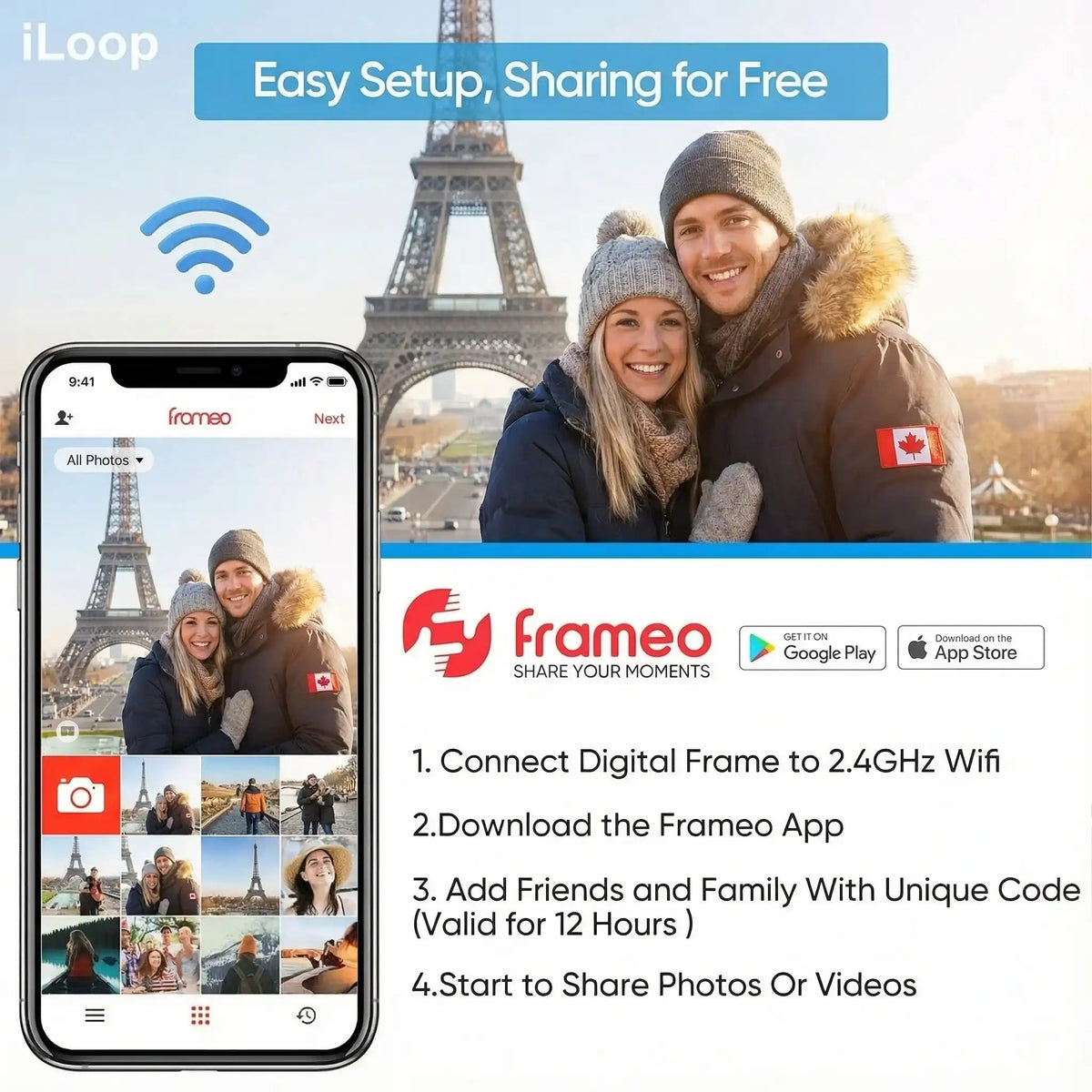 iloop 15.6” Digital Photo Frame | WiFi Touch Screen, 32 GB | Frameo App | Tabletop or Wall-Mounted