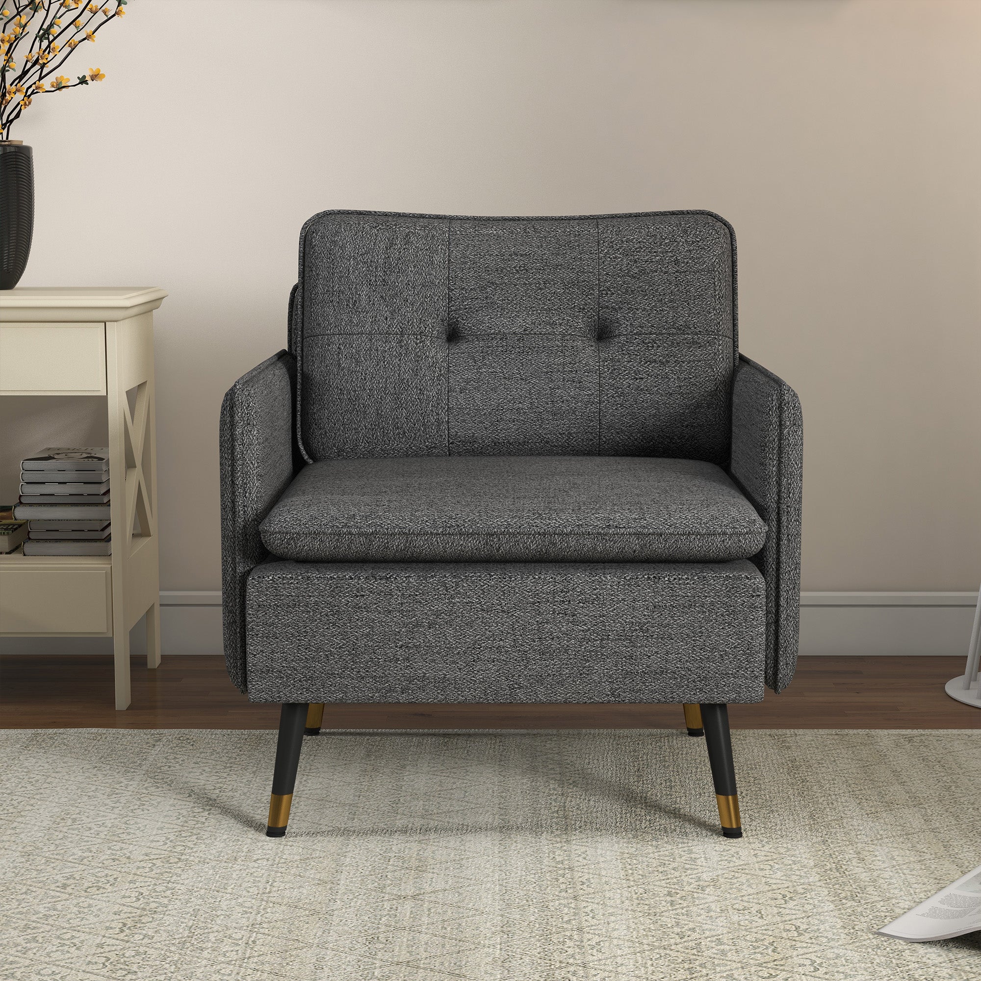 HOMCOM Accent Chair Modern Upholstered Tufted Back Steel Legs Living Room Bedroom Dark Grey 