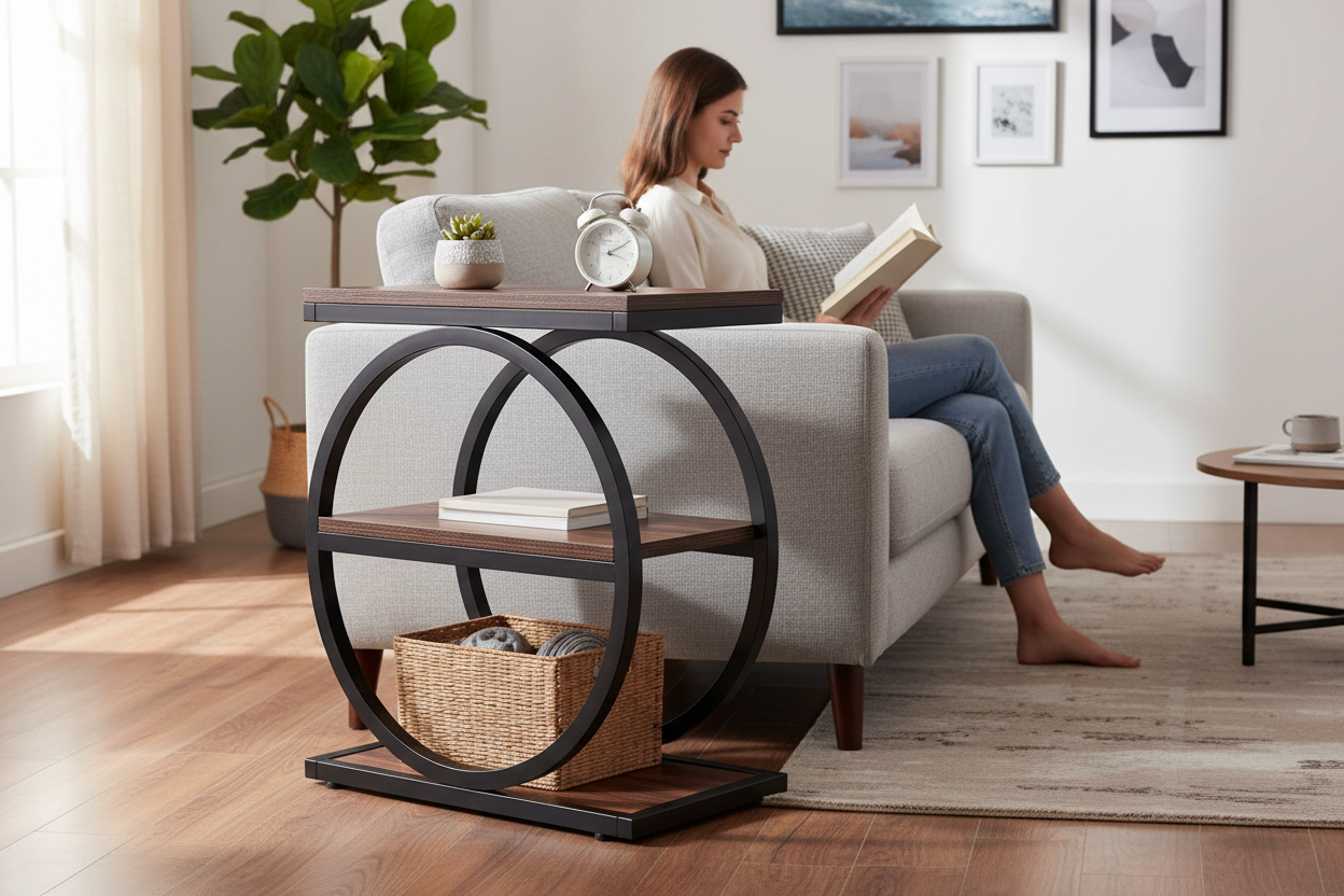 Modern Round Frame Accent Table with 3 Open Storage Shelves – Rustic Brown