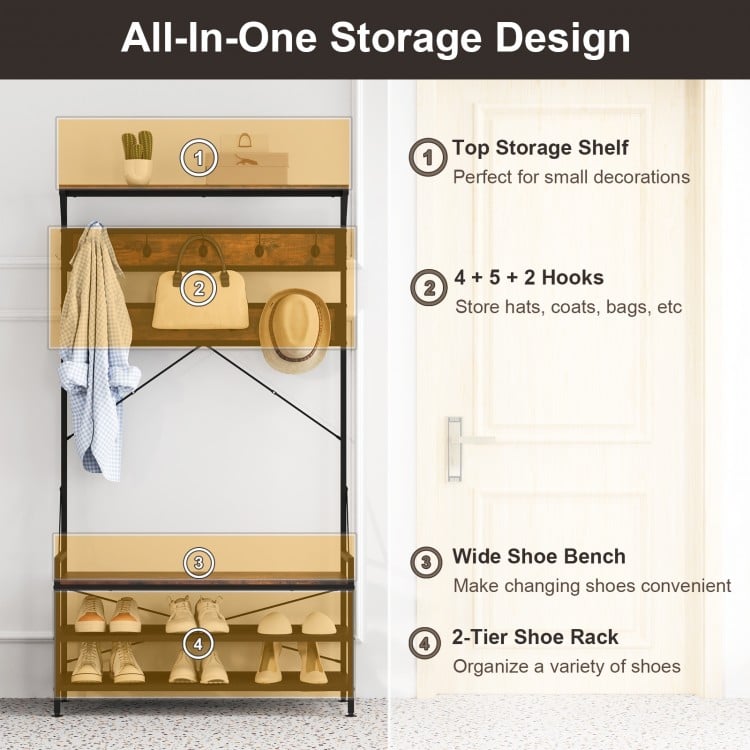 Coat Rack 4-In-1 Hall Tree with 11 Hanging Hooks Shoe Bench-Rustic Brown