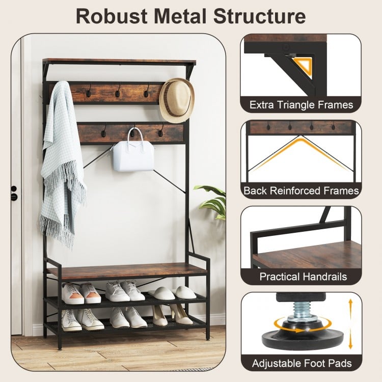 Coat Rack 4-In-1 Hall Tree with 11 Hanging Hooks Shoe Bench-Rustic Brown