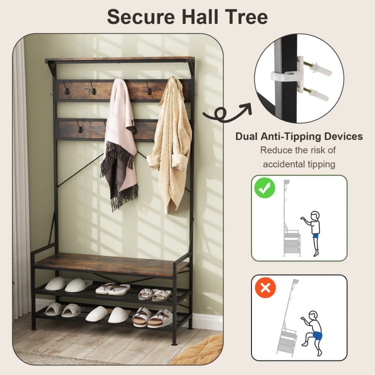 Coat Rack 4-In-1 Hall Tree with 11 Hanging Hooks Shoe Bench-Rustic Brown