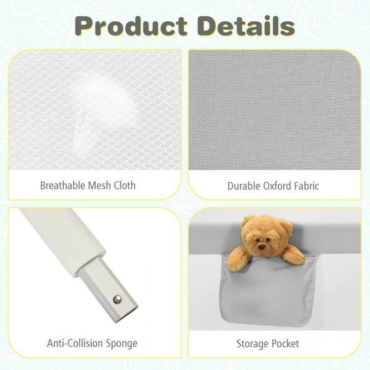 69.5 Inches Toddler Bedrail with Anti-Collision Cotton and Side Pocket-Gray