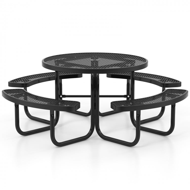 45 Inches Outdoor Round Picnic Table and Bench Set for 8 with Umbrella Hole-Black