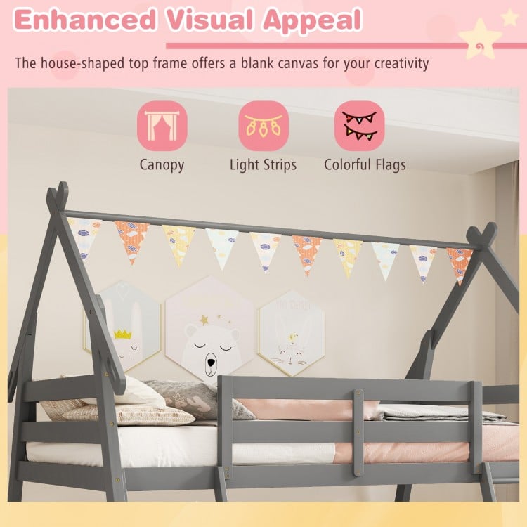 Twin Over Queen Bunk Bed Wooden Kids Bed with Climbing Nets and Ramp-Gray